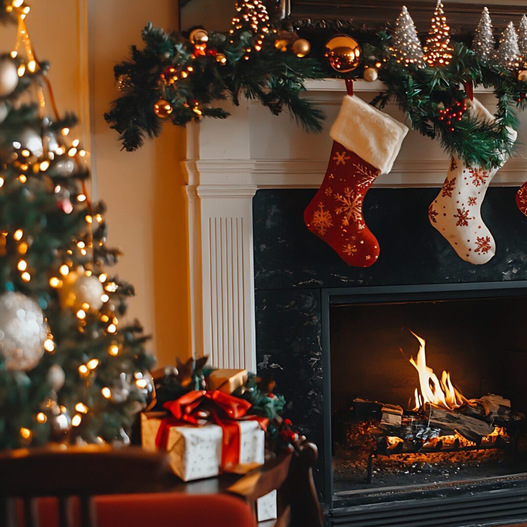 Decorating the fireplace mantel for Christmas in Louisville, KY